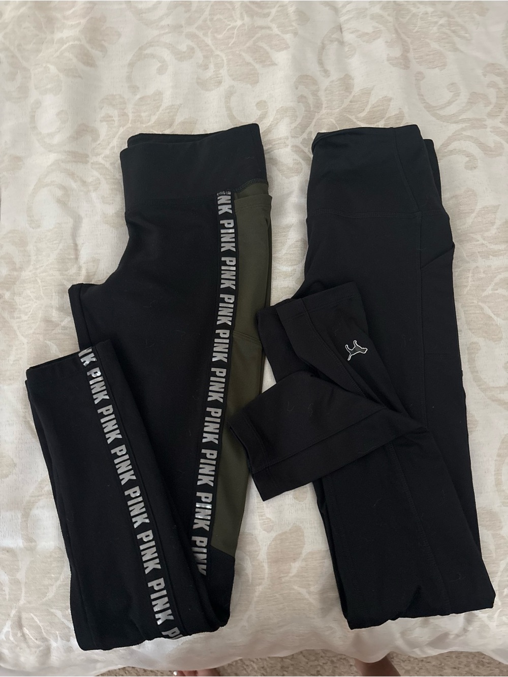 PINK Victoria's Secret Black Leggings with Olive Side Panel and Logo Trim